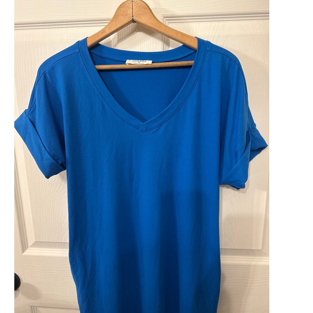 Zenana Women's Small Blue Brushed V Neck T Shirt Dress Rolled Sleeve Stretch - Picture 6 of 8